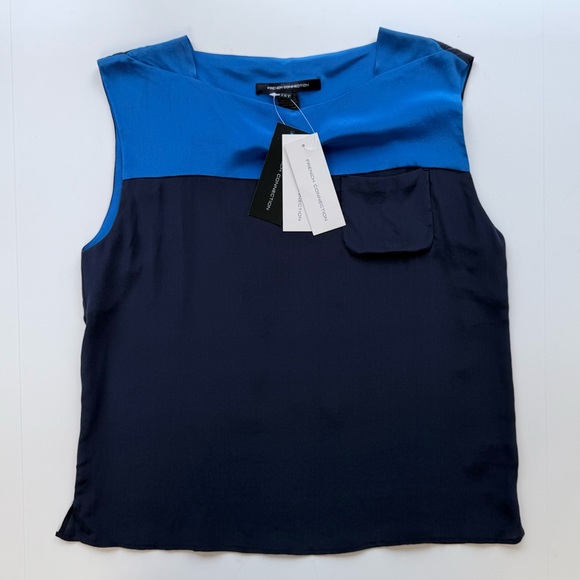 NWT French Connection Sarah Color Block Navy & Cobalt Blue Sleeveless Silk Top 8 - Picture 1 of 13